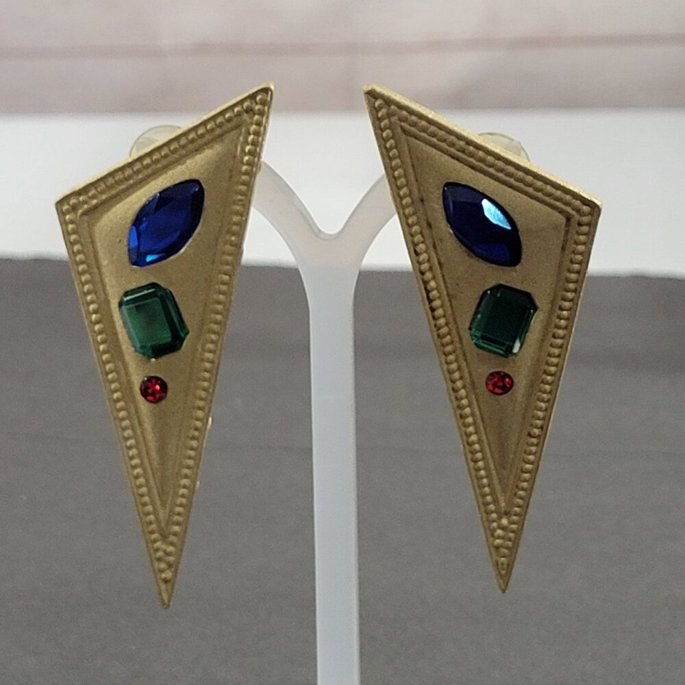 Vintage Parklane Large Statement Post Earrings Brushed Gold Tone Jewel Tone Bold